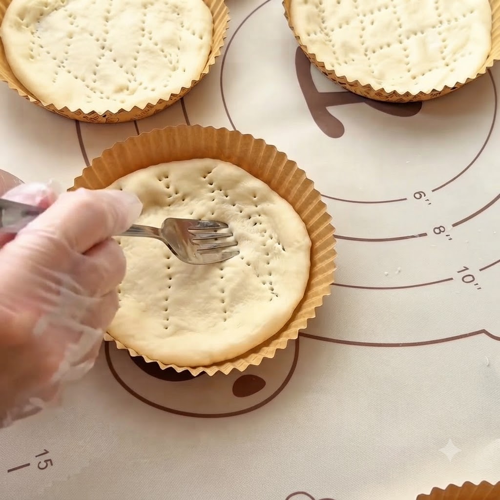 Una forchetta che fora la superficie di una base di pasta per mini pizza sagomata allinterno di uno stampo di carta.