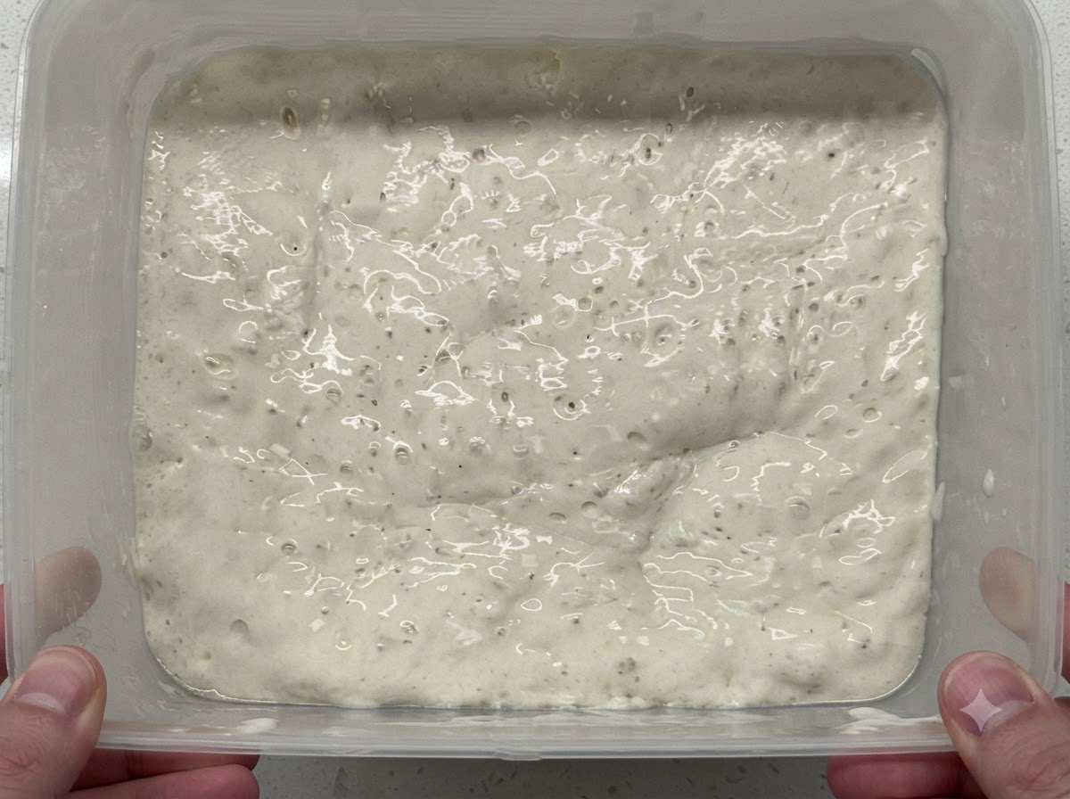 Una vista ravvicinata di sale e farina aggiunti allinterno di un contenitore rettangolare pieno di impasto poolish pieno di bolle.
