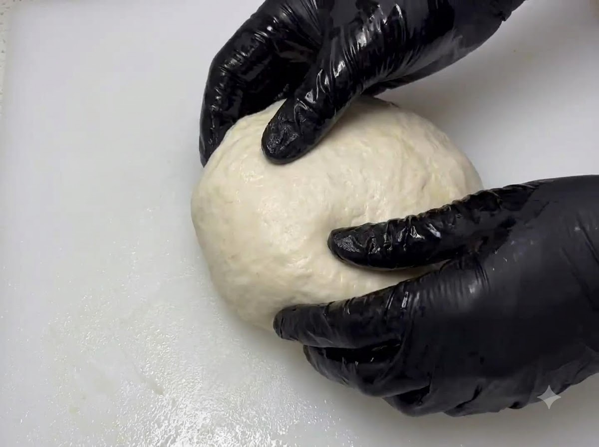 Mani guantate che allungano e tirano una palla rotonda di impasto su un tagliere bianco.