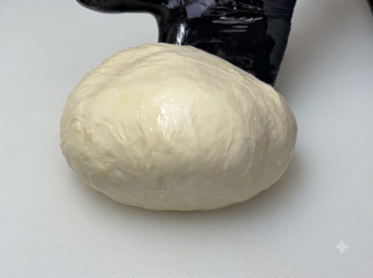 Una palla liscia di impasto oliato che riposa allinterno di una ciotola di vetro.