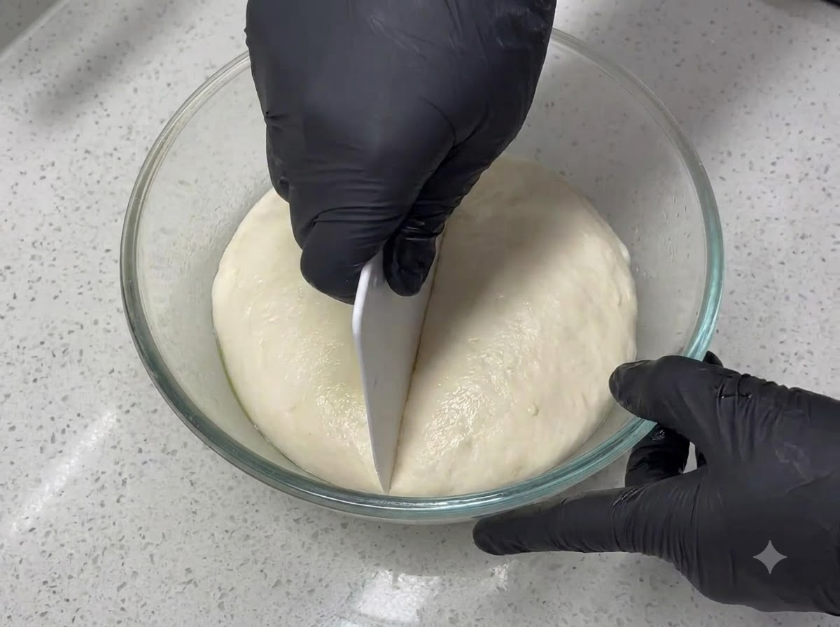 Un paio di mani con i guanti che usano un tarocco di plastica bianco per tagliare a metà una palla di impasto liscia e arrotondata dentro una ciotola di vetro trasparente.