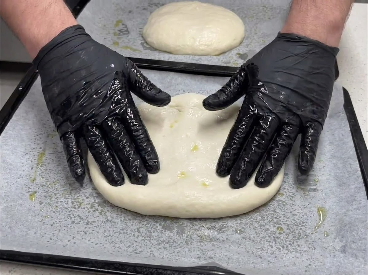 Mani guantate che premono e appiattiscono un pezzo rotondo di impasto su una teglia per allugarlo verso lesterno.
