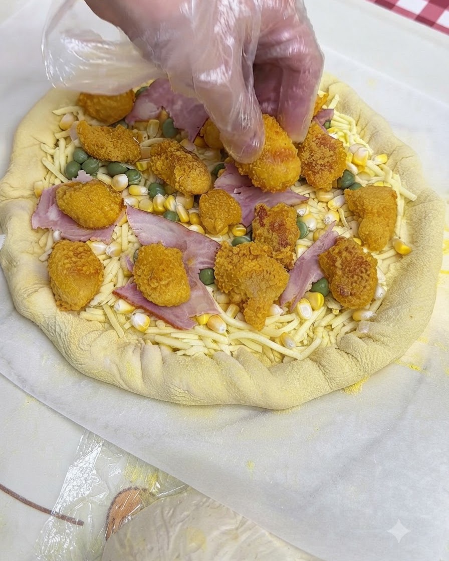 Mano con guanto che posiziona bocconcini di pollo glassati su una base di pizza condita con formaggio, mais, piselli e pancetta.