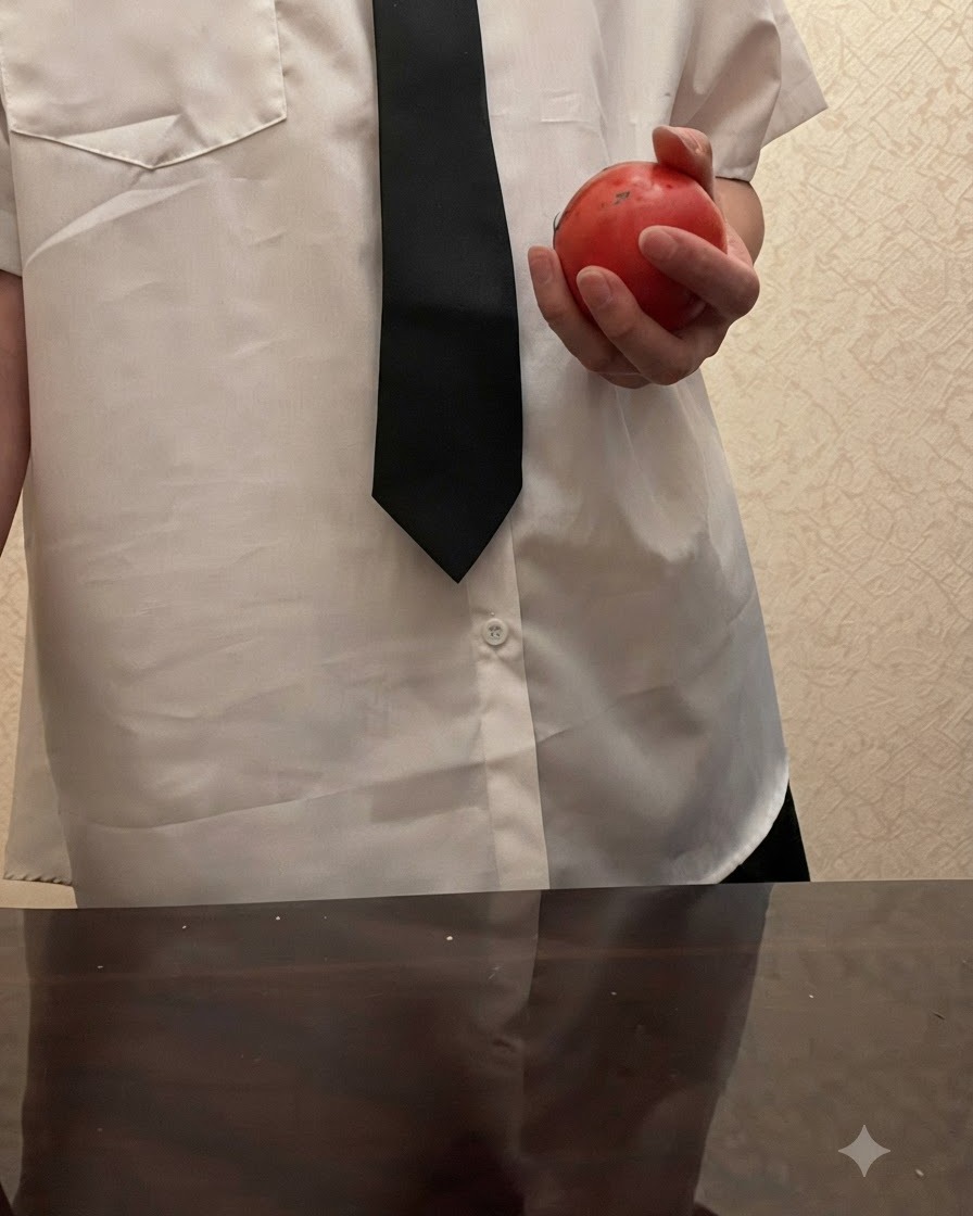 Una persona che tiene in mano un intero pomodoro rosso fresco su una camicia bianca e una cravatta nera.