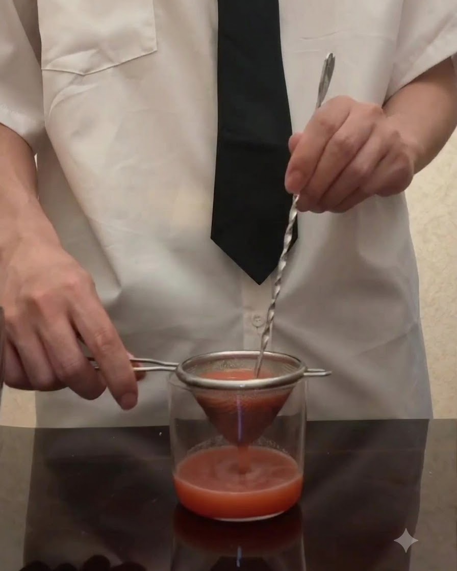 Purea di pomodoro filtrata attraverso un colino a maglia conica in un bicchiere utilizzando un cucchiaio da bar attorcigliato.