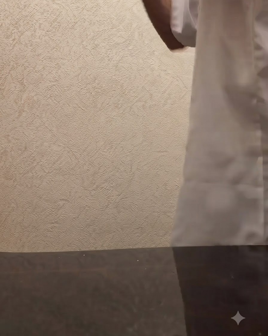 Una persona che agita vigorosamente uno shaker dargento contro una parete beige strutturata.