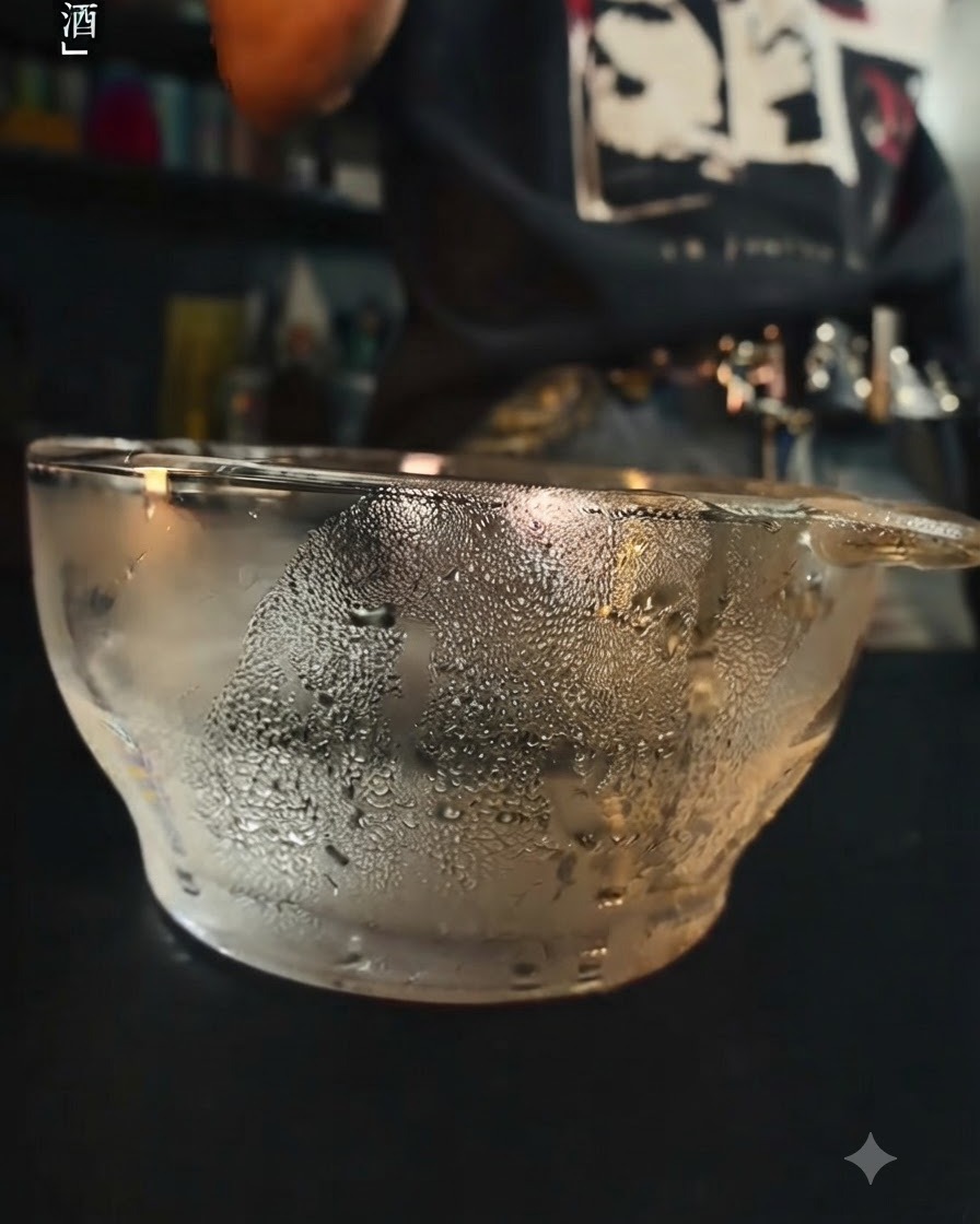 Una ciotola di vetro coperta di gocce dacqua, che riflette il processo di preparazione dei fogli di gelatina ammollati.