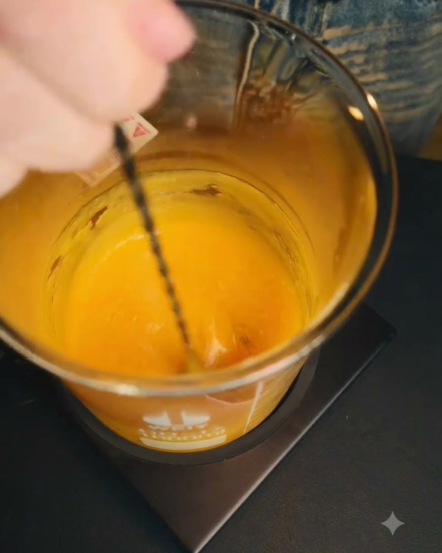 Un cucchiaio dal manico lungo che mescola la purea di mango arancione liscia allinterno di un becher di vetro trasparente posto su una superficie riscaldante.