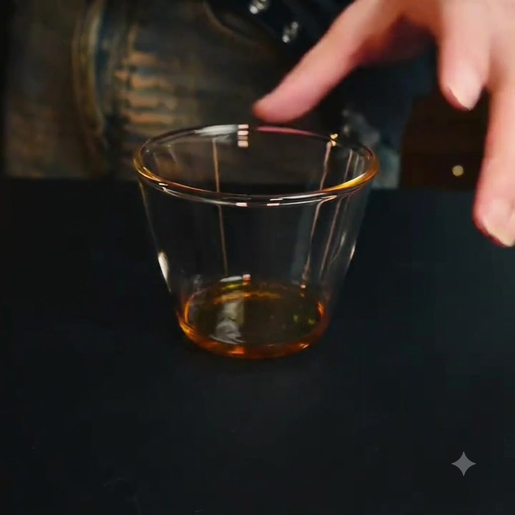 Una tazza di vetro trasparente vuota poggiata su una superficie di lavoro scura pronta per il riempimento di liquido.