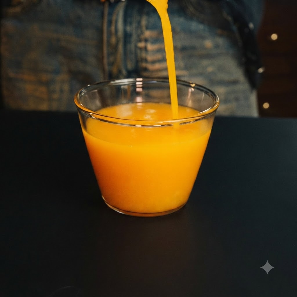 Liquido arancione vibrante versato dallalto in una tazza di vetro trasparente, riempiendola quasi fino allorlo.