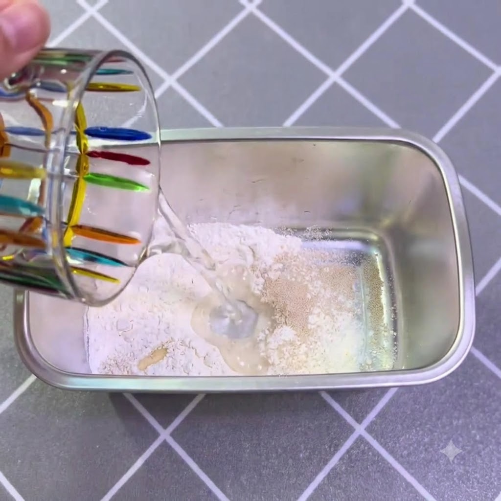 Ingredienti per il poolish combinati e mescolati in un piccolo contenitore.