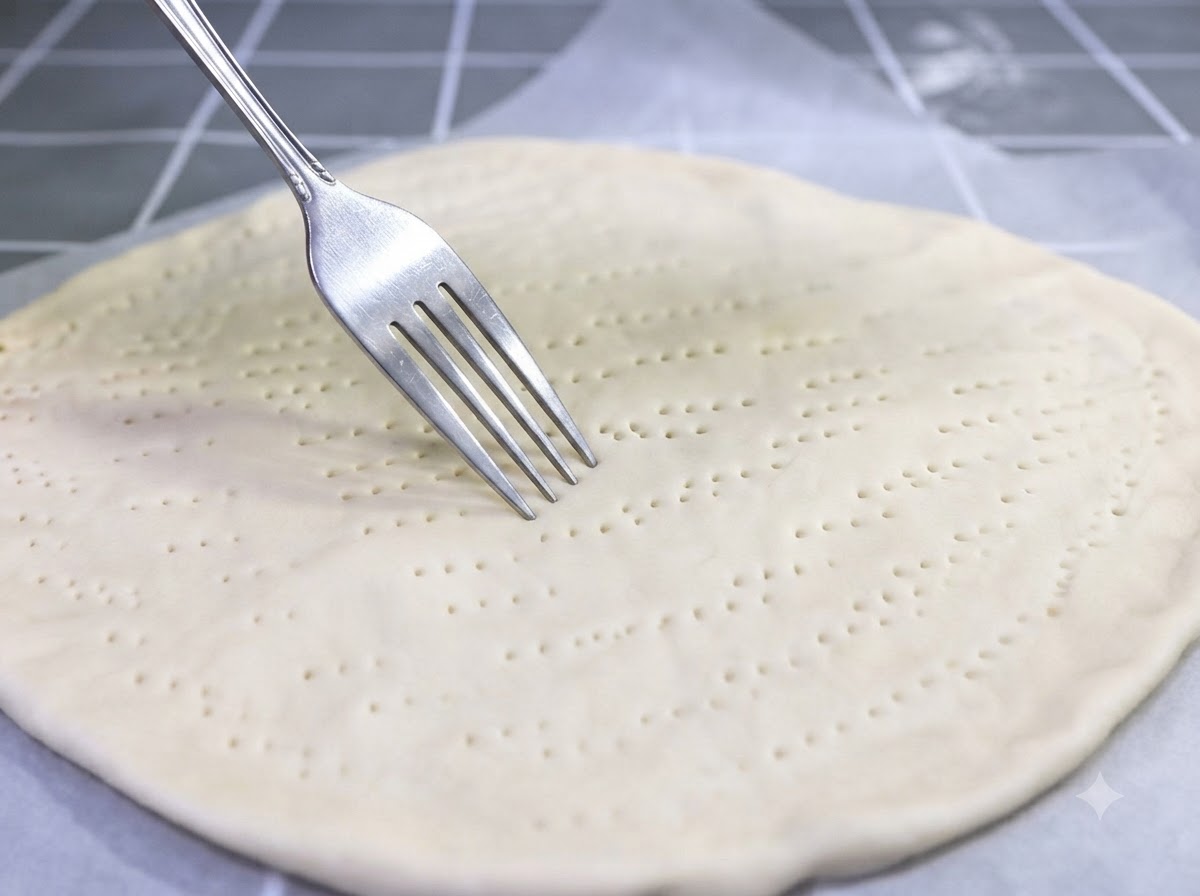 Una forchetta che fora il centro dellimpasto della pizza modellato.