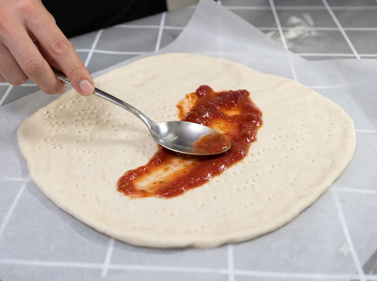 Un cucchiaio di metallo che distribuisce una cucchiaiata di salsa di pomodoro rossa al centro di una base di pasta per pizza chiara.