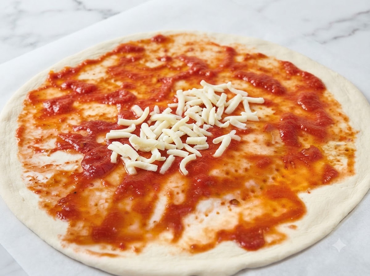 Una manciata di mozzarella bianca sminuzzata sparsa su una base di pizza con salsa di pomodoro.