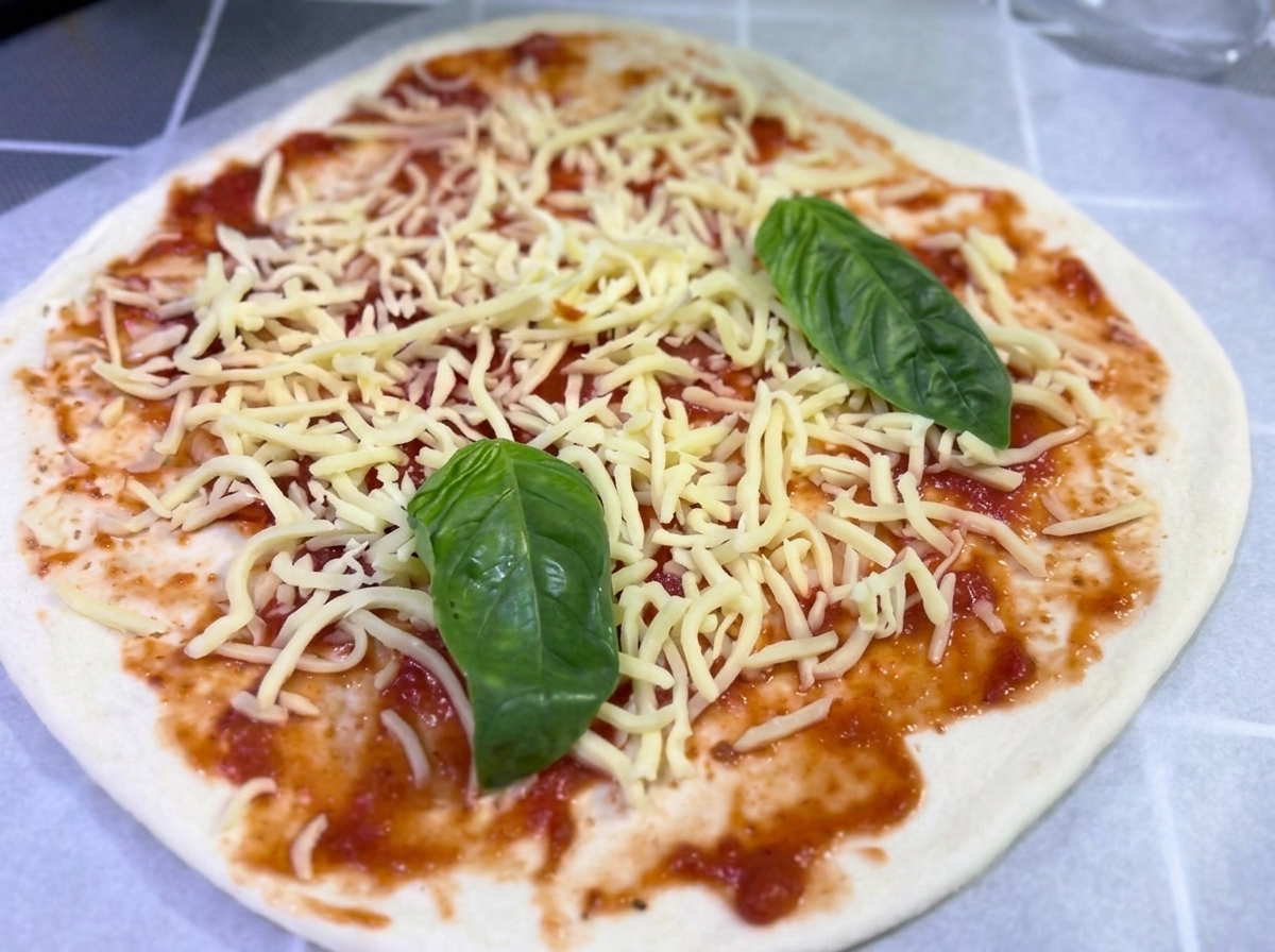 Diverse foglie di basilico fresco verde vibrante posizionate sopra il formaggio sminuzzato e la salsa di pomodoro.