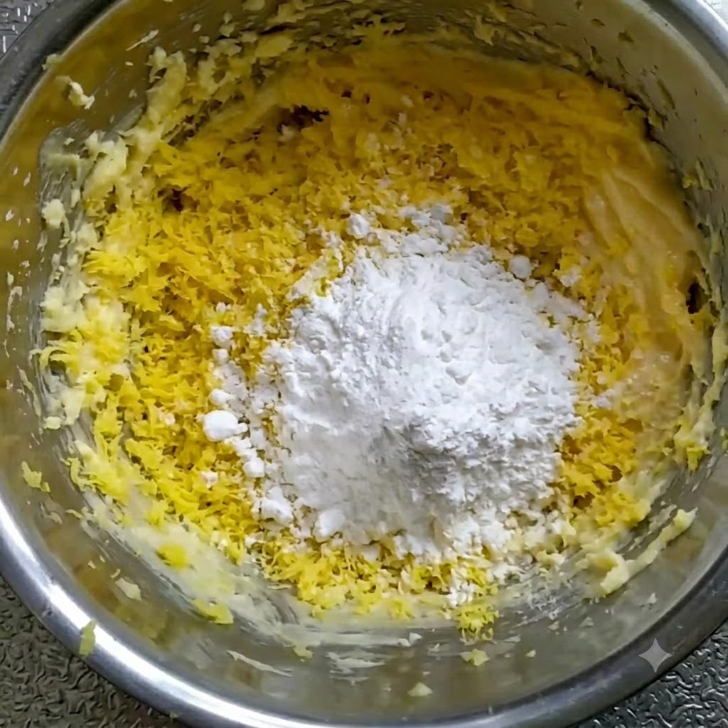 Un mucchietto di amido di mais bianco e farina impilati sopra il composto giallo di burro montato e tuorlo setacciato.