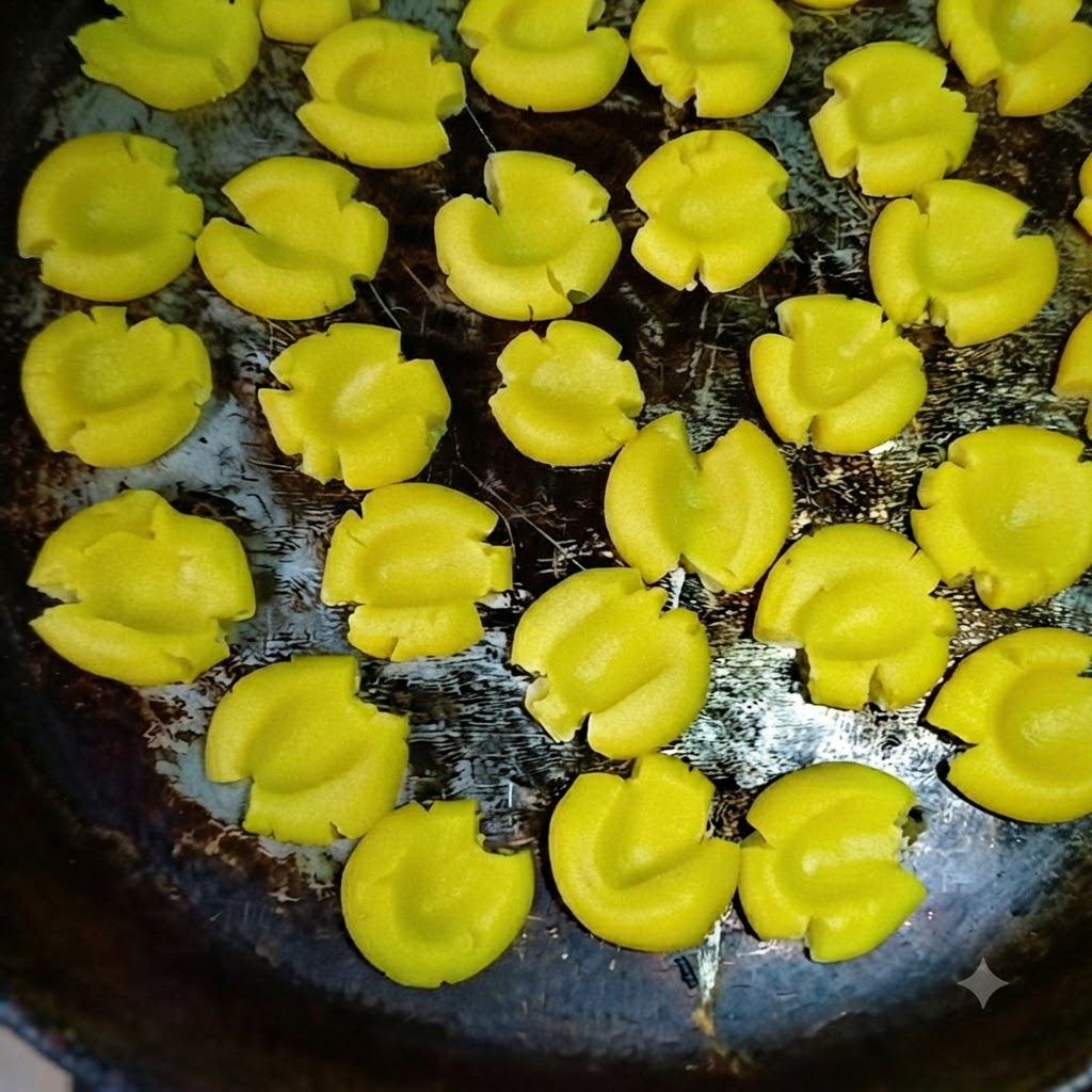 Pezzi di impasto per biscotti gialli sagomati, disposti ordinatamente allinterno di una padella antiaderente scura e pronti per la cottura.