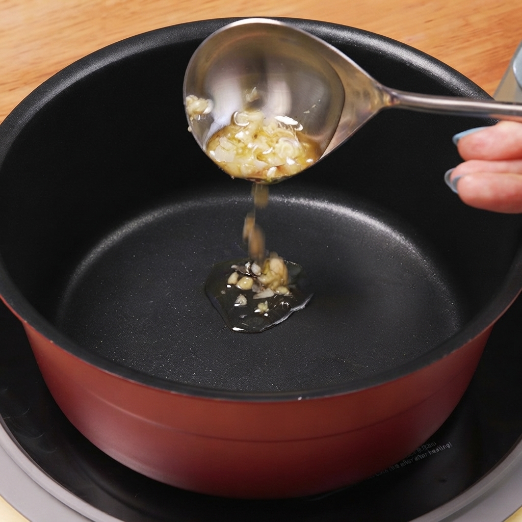 Salsa di soia chiara versata in una pentola rossa con olio allaglio e peperoncini.