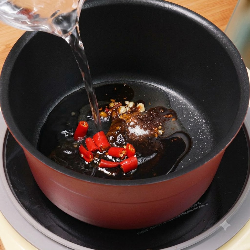 Acqua pulita versata da un misurino nella pentola con gli ingredienti della salsa e i peperoncini rossi.