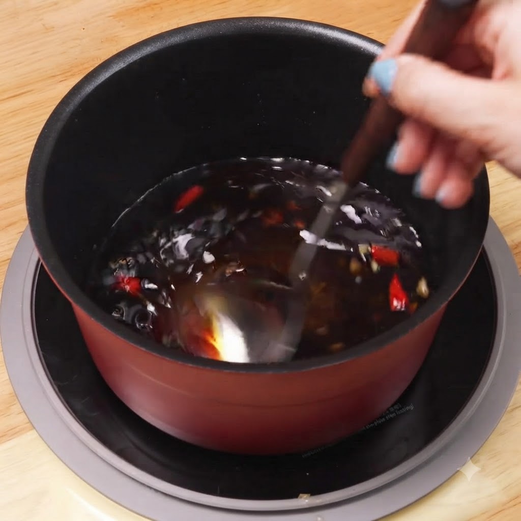 Un mestolo mescola la miscela di salsa scura allinterno di una pentola rossa.