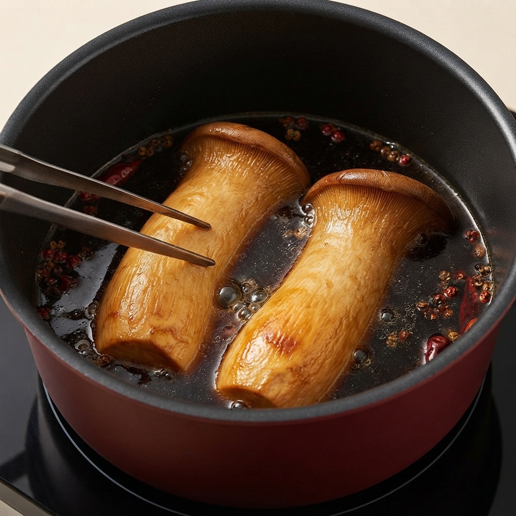 Due funghi cardoncelli interi riposano in una pentola riempita con salsa di brasatura scura e spezie.