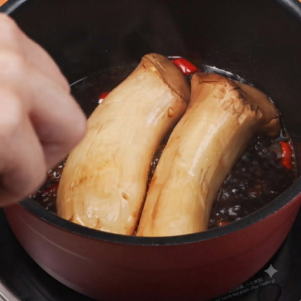 Mano che usa le pinze per girare delicatamente i funghi cardoncelli che cuociono a fuoco lento nella salsa.