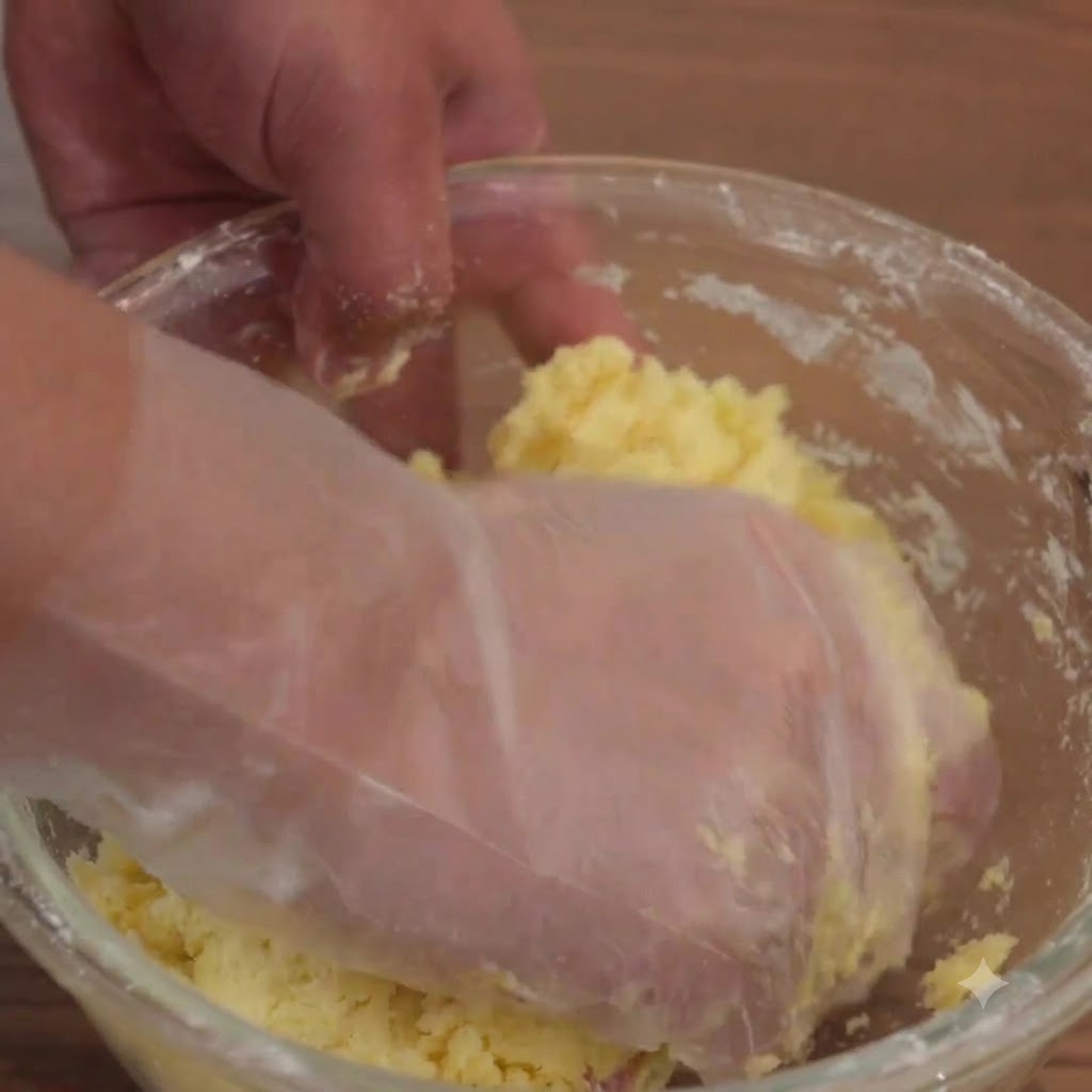Una mano guantata che impasta limpasto dei biscotti allinterno di una ciotola di vetro.