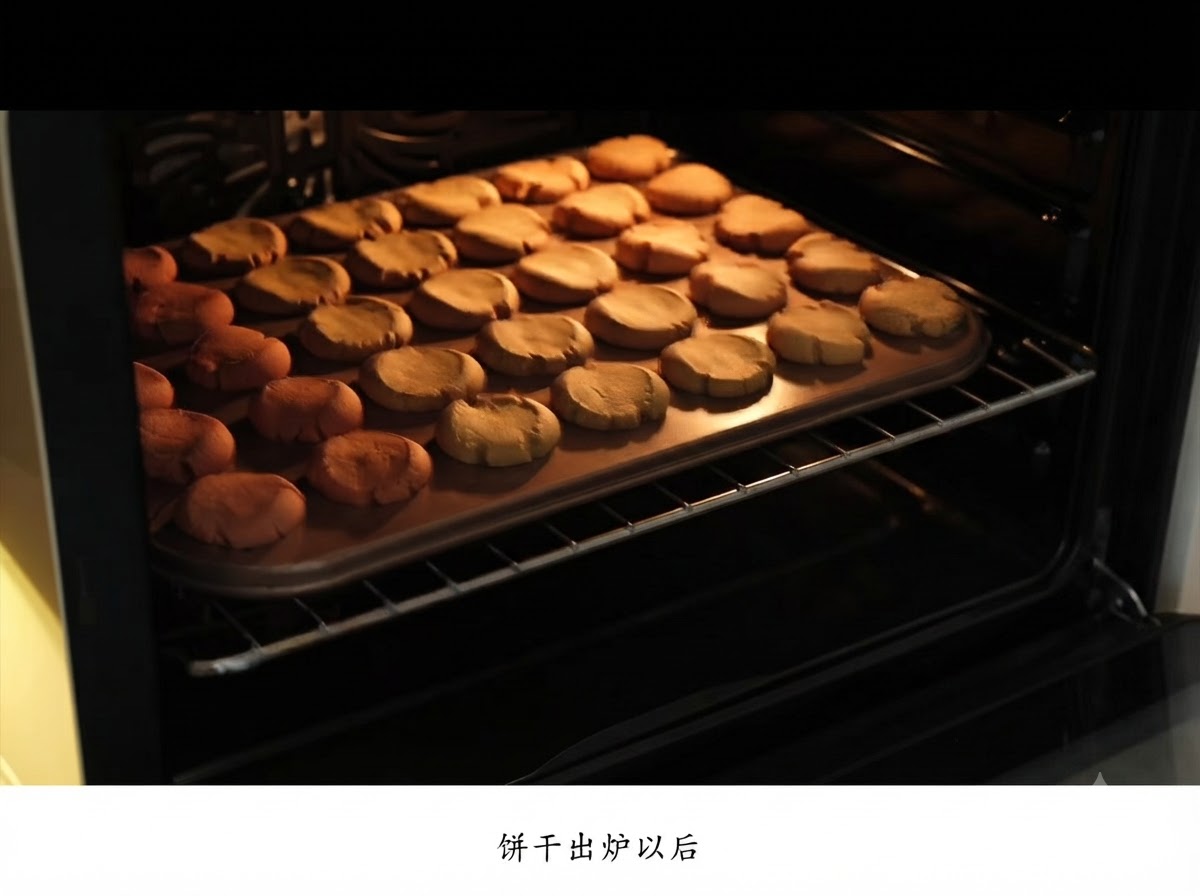 Una teglia di biscotti dorati appena sfornati tirati fuori dallinterno scuro di un forno.