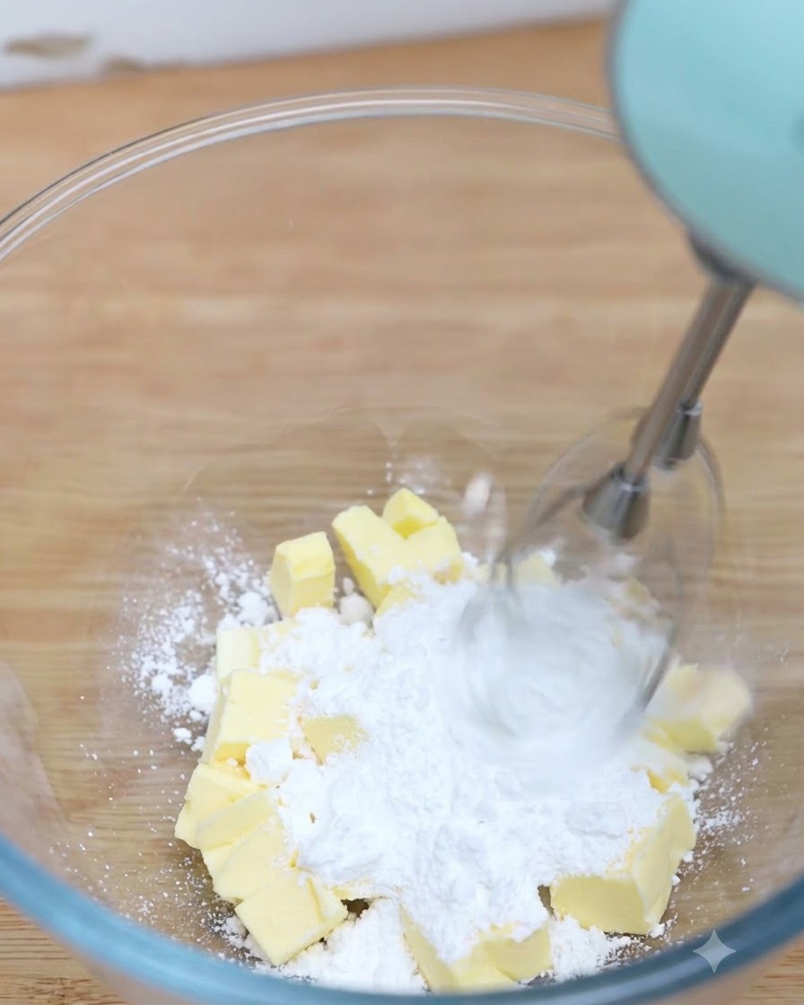 Un mixer elettrico che mescola insieme burro, sale e zucchero a velo allinterno di una ciotola di vetro.