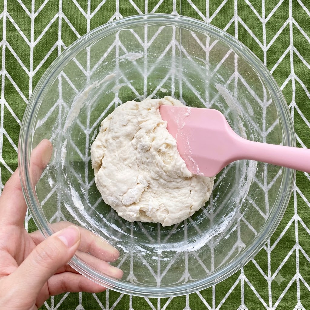 Acqua ghiacciata versata nella ciotola di vetro e mescolata con la farina usando una spatola rosa per formare un composto di impasto appiccicoso.