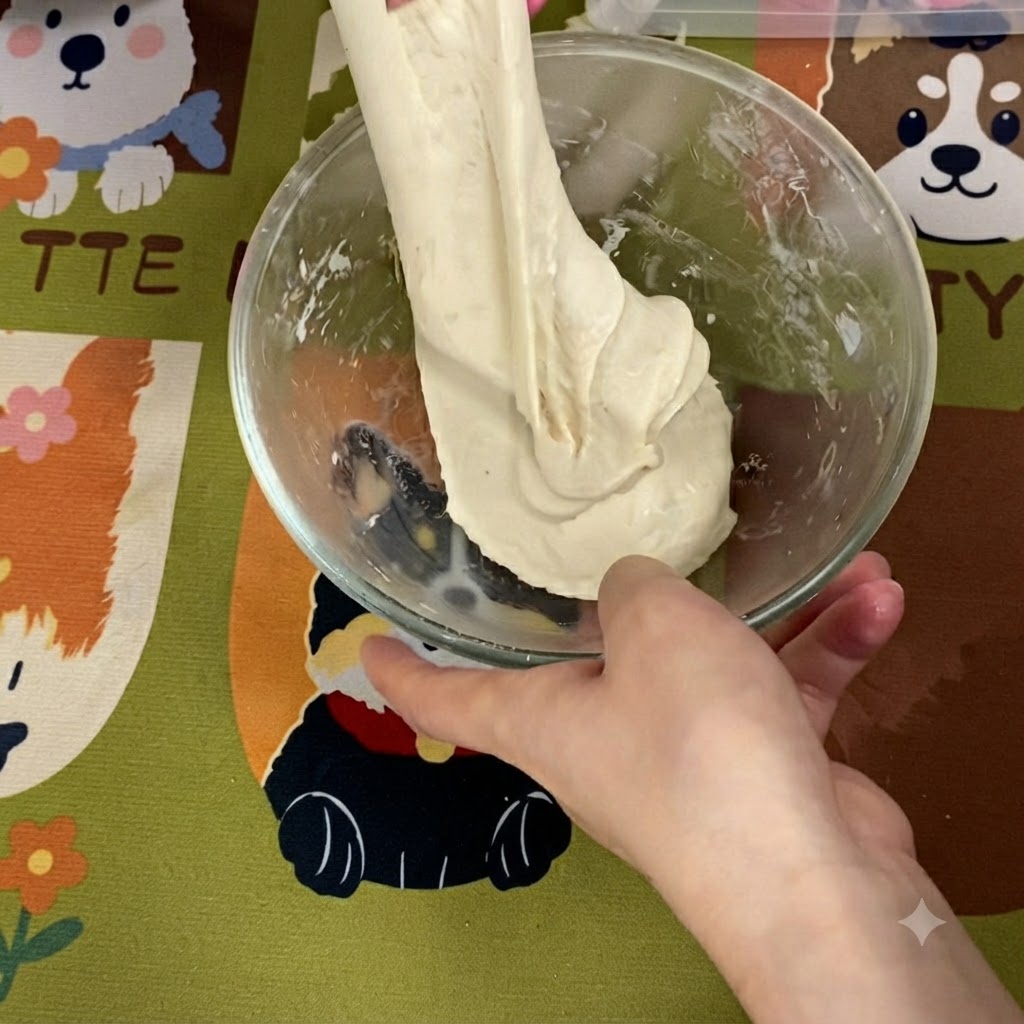 Una sezione di impasto liscio, elastico e ad alta idratazione sollevata e tesa verso lalto fuori dalla ciotola di vetro.
