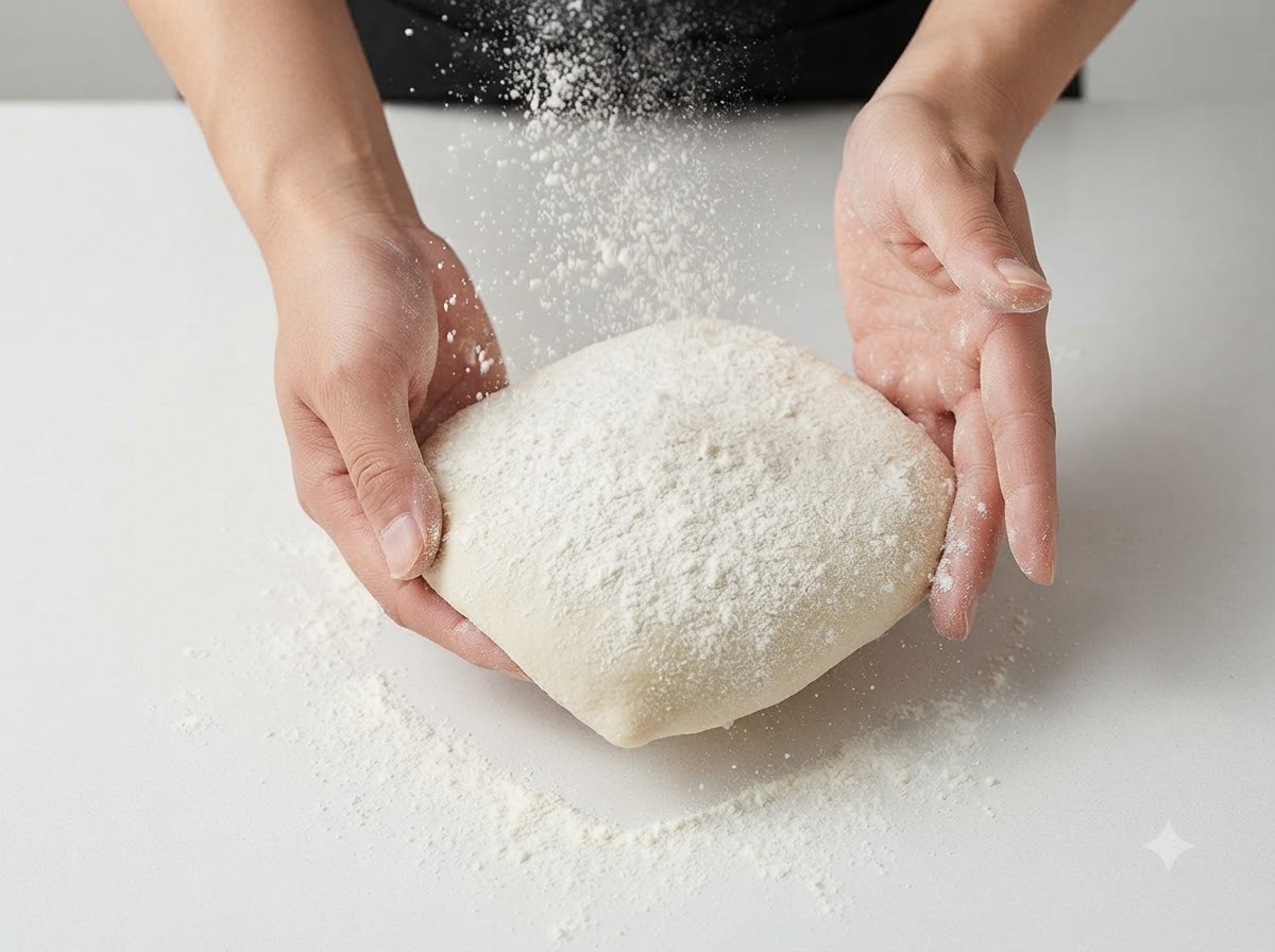 Mani che tengono un impasto fermentato di forma quadrata mentre la farina secca viene spruzzata sopra su un piano di lavoro bianco.