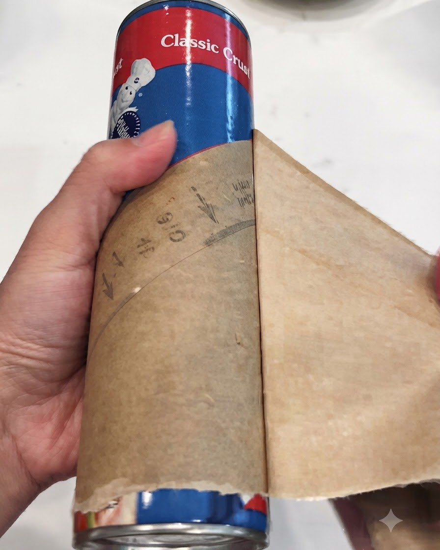 Una mano che srotola limpasto per pizza in scatola dalla sua confezione di cartone sulla carta da forno.