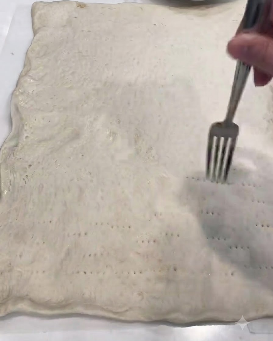 Una mano che usa una forchetta per praticare numerosi piccoli fori sulla superficie dellimpasto per pizza steso.