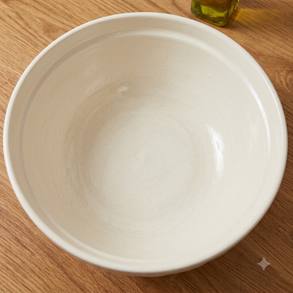 Acqua tiepida, lievito, olio doliva e farina combinati in una ciotola bianca.