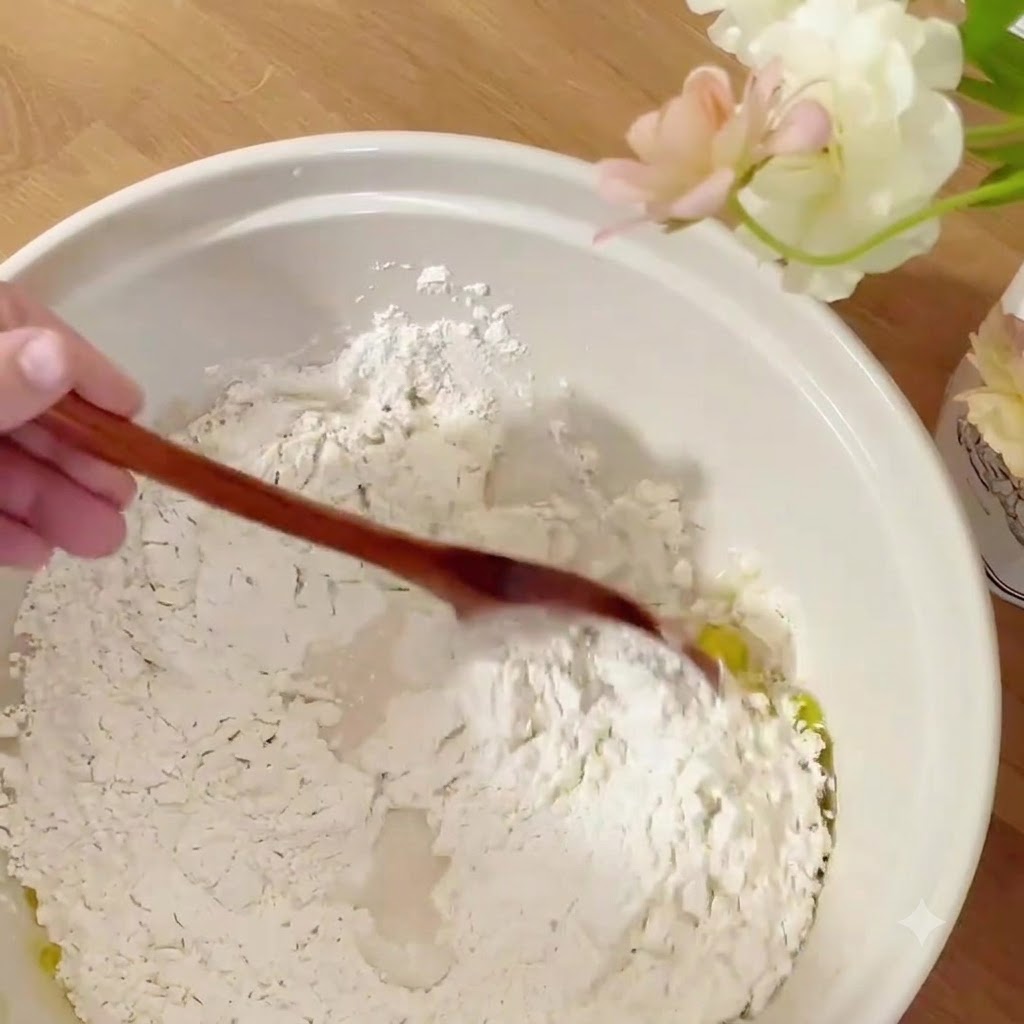 Un cucchiaio di legno mescola farina e acqua dentro una ciotola di ceramica bianca per formare un impasto grossolano.