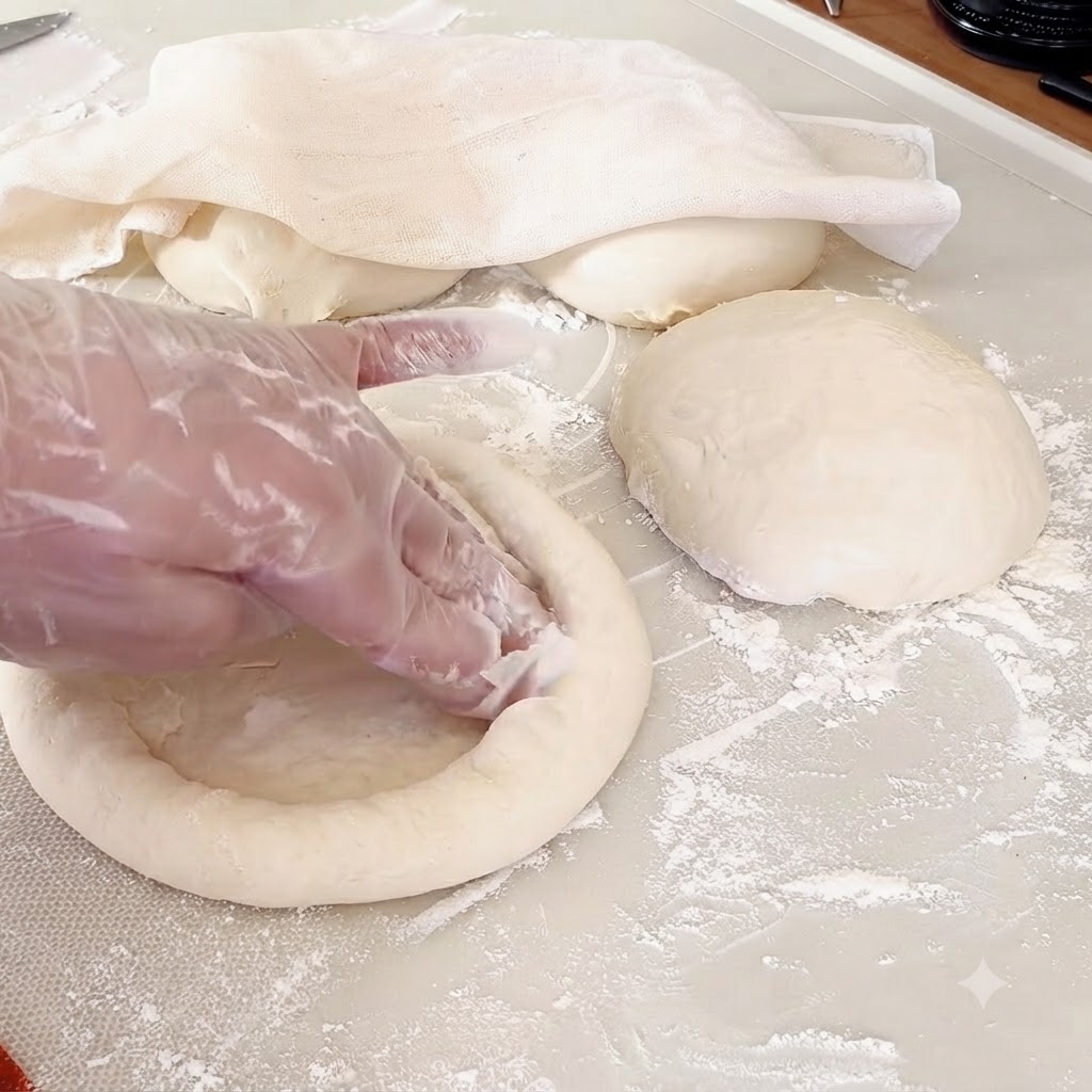 Mani con guanti premono il centro di una porzione di pasta arrotondata su una superficie infarinata.