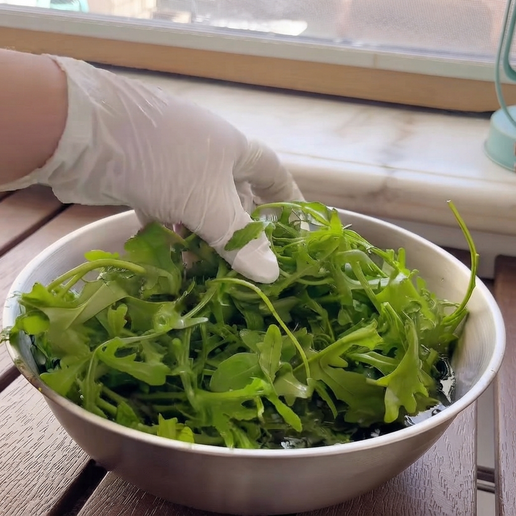 Foglie di rucola fresca immerse in una ciotola dacqua lavate da una mano guantata.