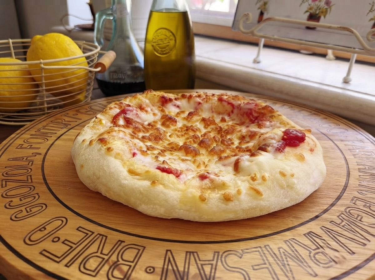 Foglie di rucola verde fresca sparse sulla parte superiore di una base per pizza cotta calda.