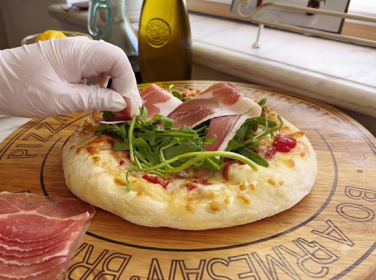 Fette di prosciutto di Parma stagionato posizionate delicatamente a mano su una pizza guarnita con rucola.