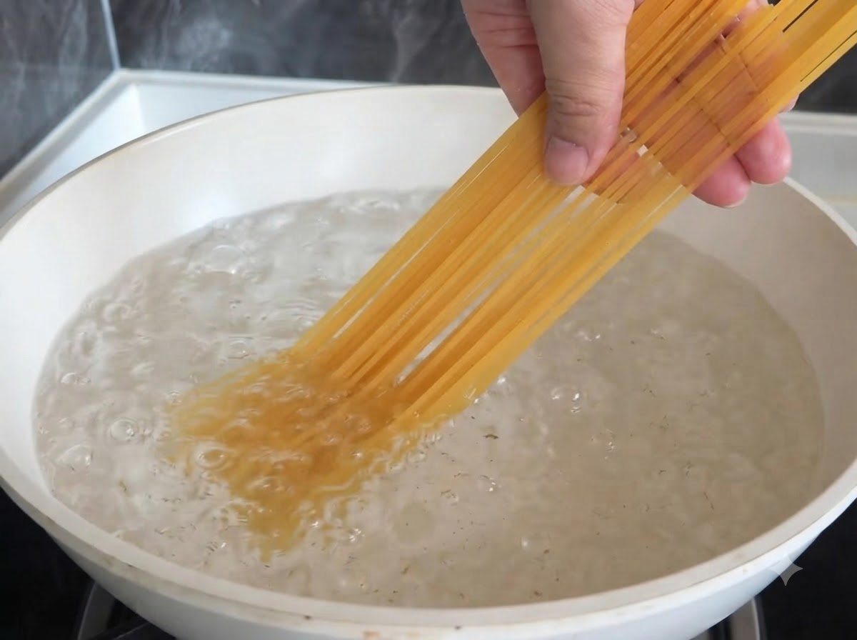 Una mano che inserisce lunghi fili di spaghetti secchi in una padella bianca riempita di acqua bollente gorgogliante.