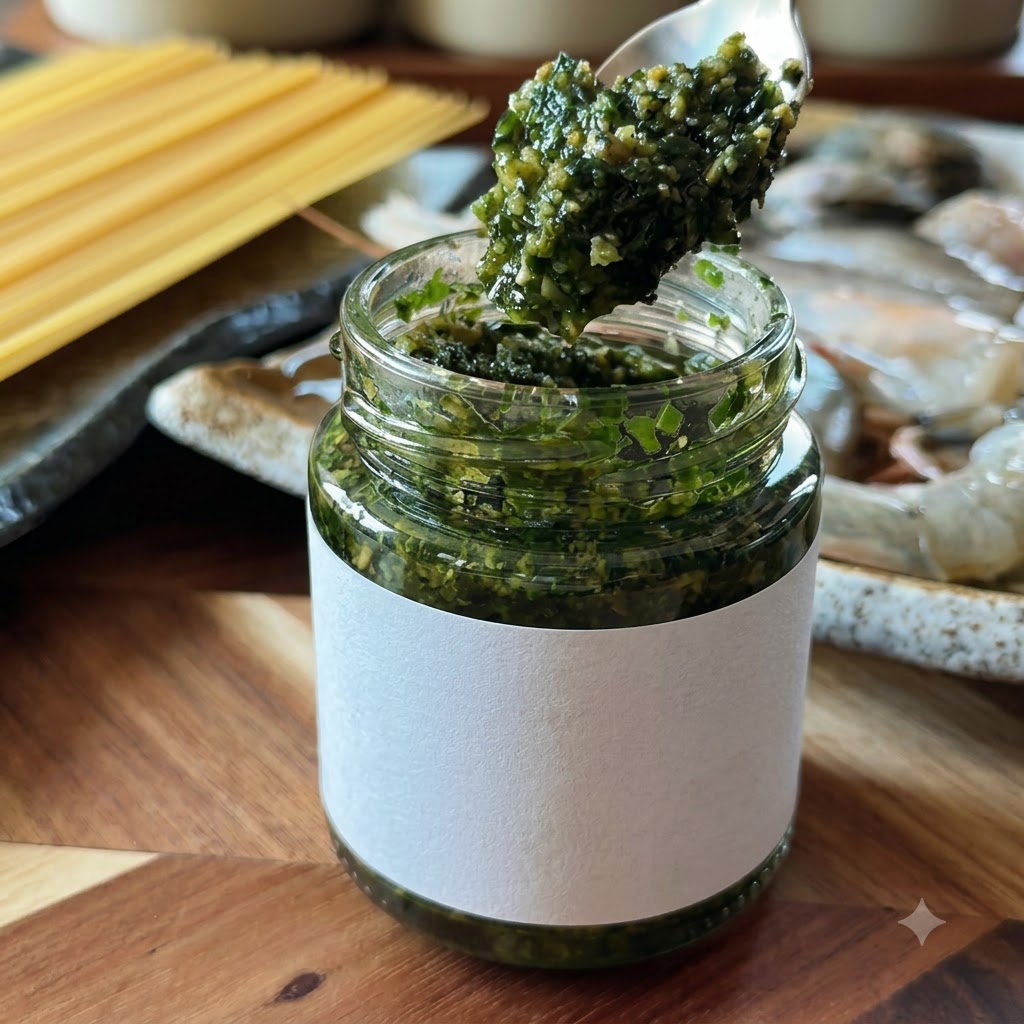 Un cucchiaio di metallo che solleva una noce di pesto al basilico verde denso e vibrante da un piccolo barattolo di vetro.