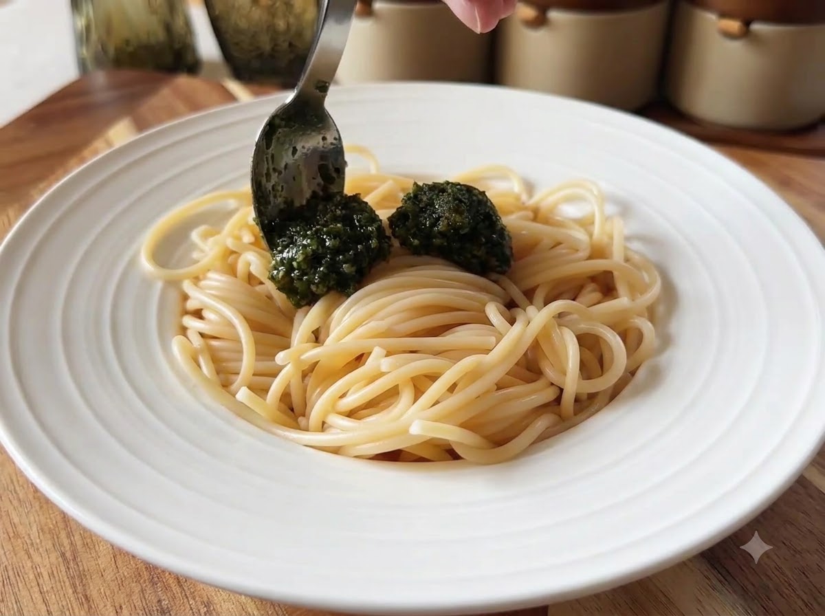 Cucchiaio che aggiunge pesto al basilico verde vibrante sopra spaghetti caldi cotti in un piatto bianco.