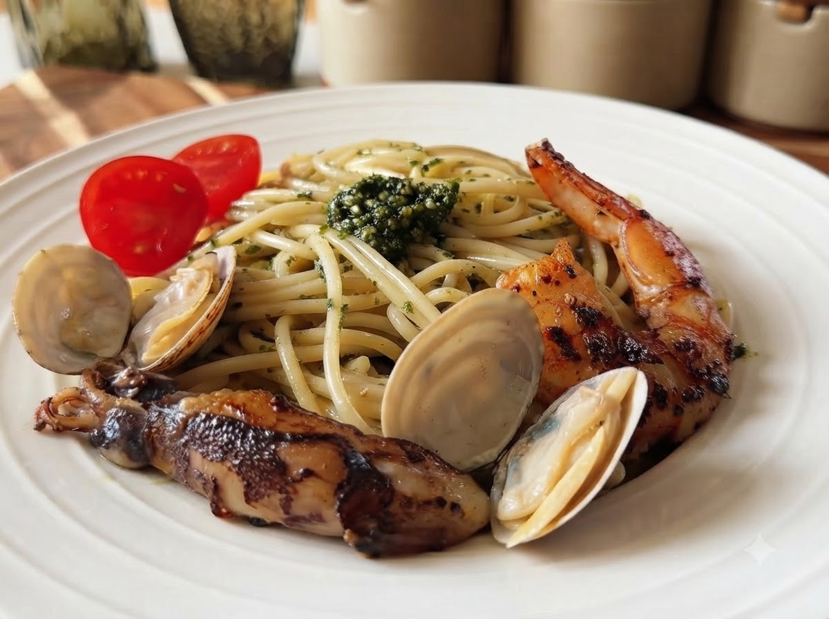 Spaghetti al pesto di basilico finiti guarniti con gamberi scottati in padella, vongole, calamari e pomodorini in una ciotola bianca.