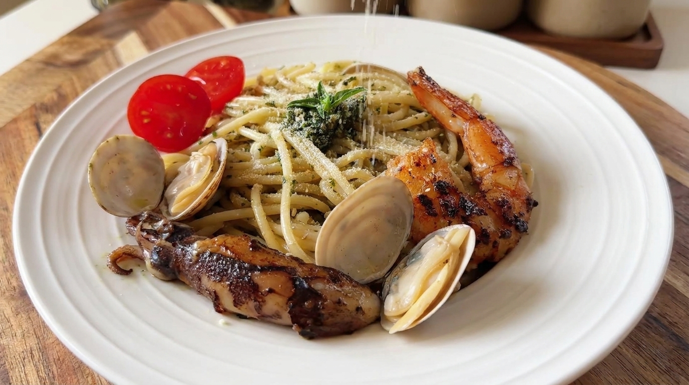 Spaghetti ai Frutti di Mare con Pesto al Basilico
