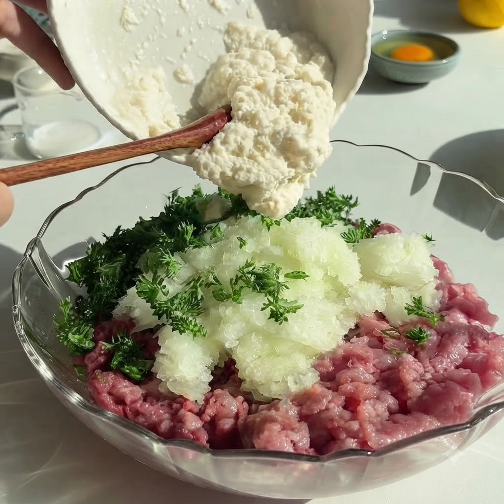 Una ciotola bianca che versa un denso composto di latte e pangrattato sulla carne macinata condita e sulle erbe.