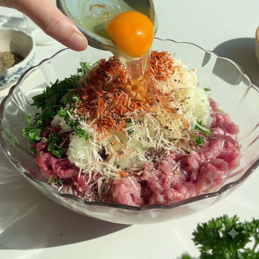 Un uovo crudo sgusciato e versato al centro del composto di carne condita in una ciotola di vetro.
