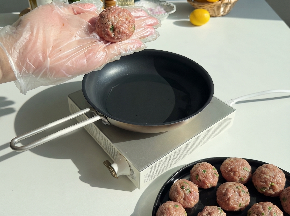 Una mano guantata che tiene una polpetta cruda appena formata sopra una padella vuota oliata con un piatto di polpette pronte accanto.