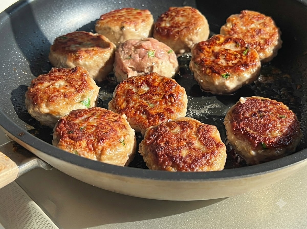 Polpette che friggono in una padella, alcune girate per mostrare una crosticina esterna dorata e croccante.