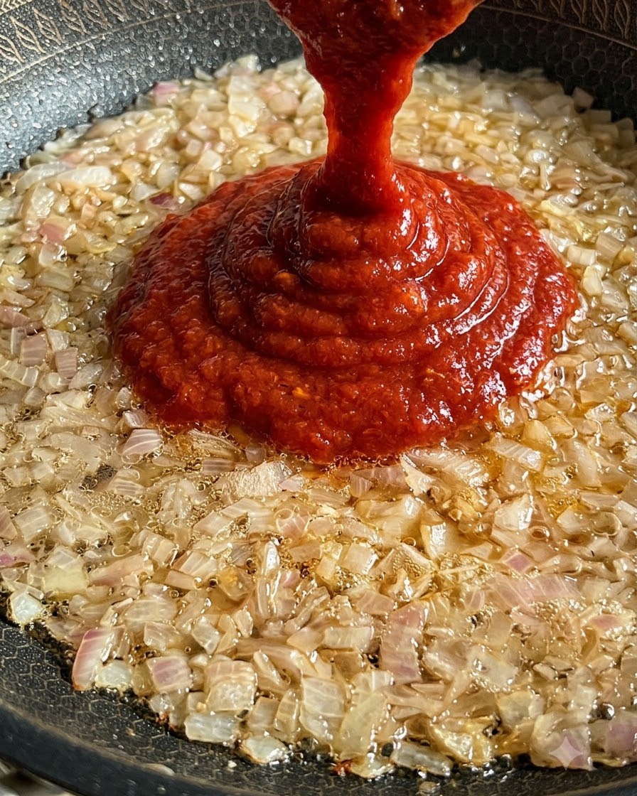 Salsa di pomodoro rossa densa versata da un contenitore in una padella sfrigolante di cipolle soffritte.